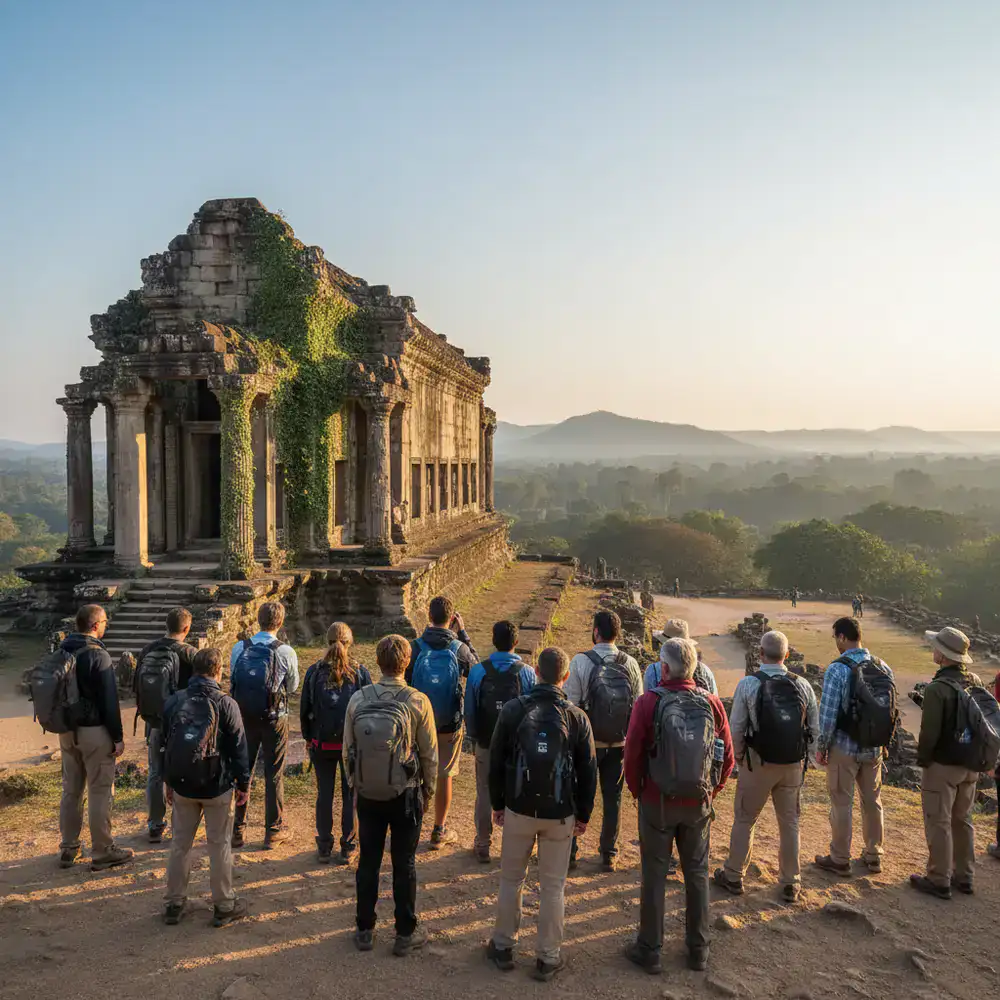 Group of travelers observing a historical monument