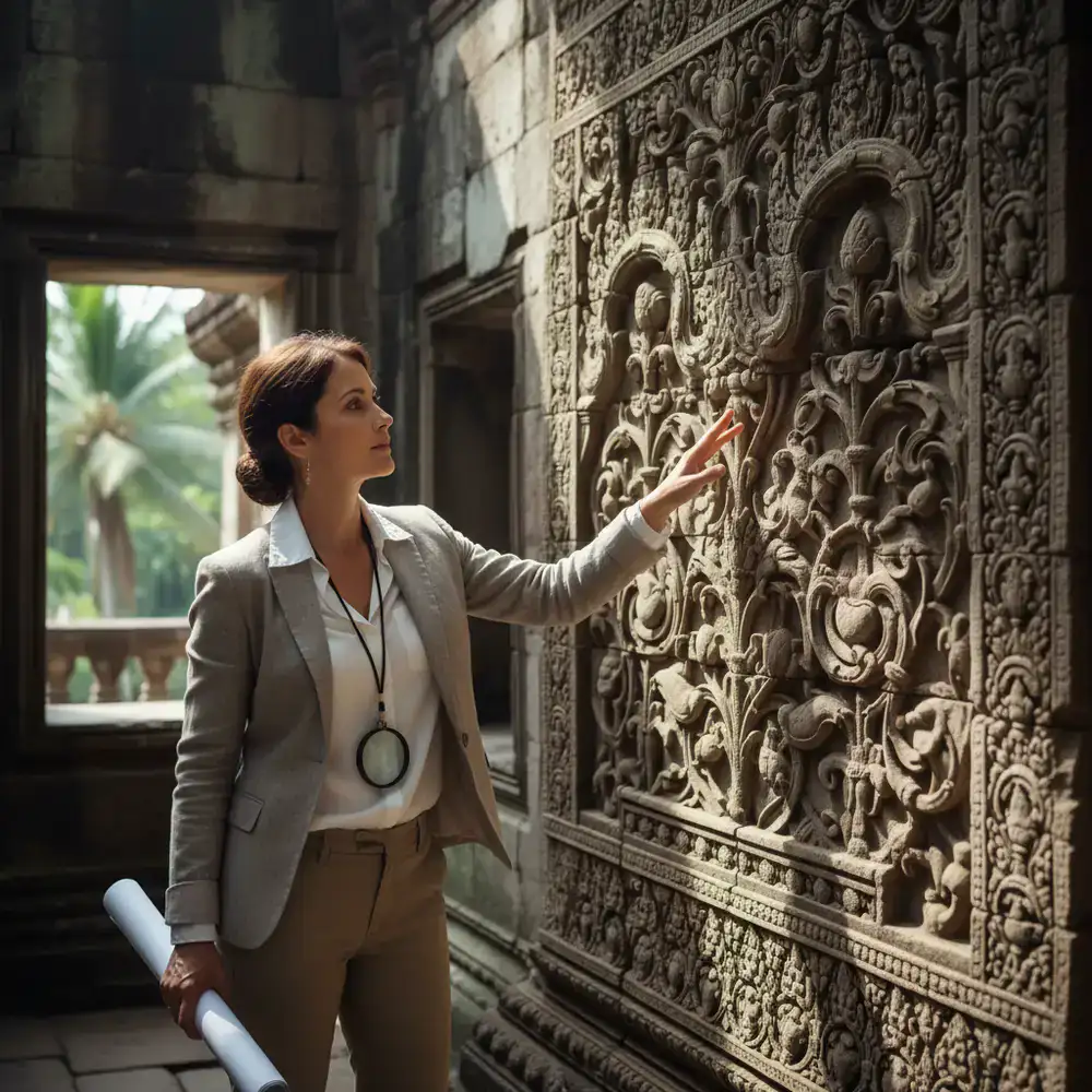 Architecture specialist pointing at an intricate wall carving