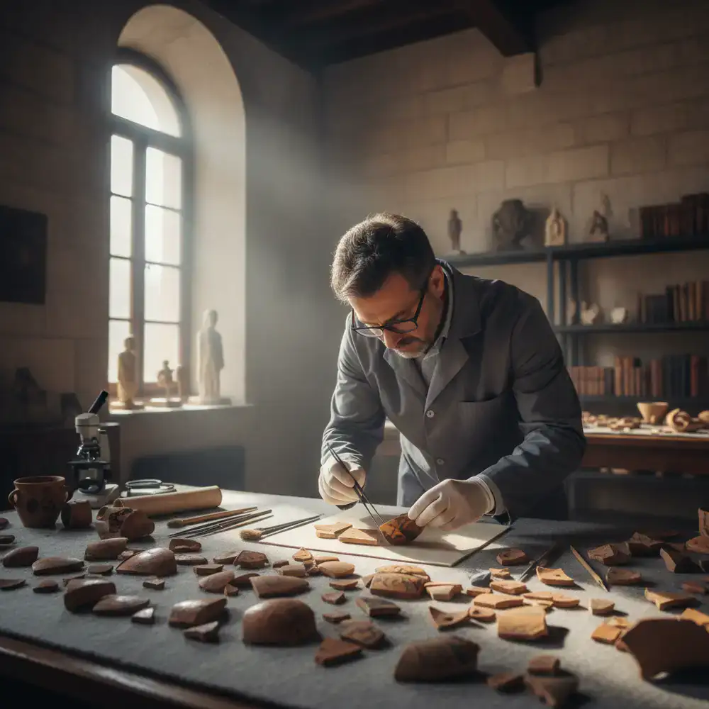 Conservation expert examining historical artifacts