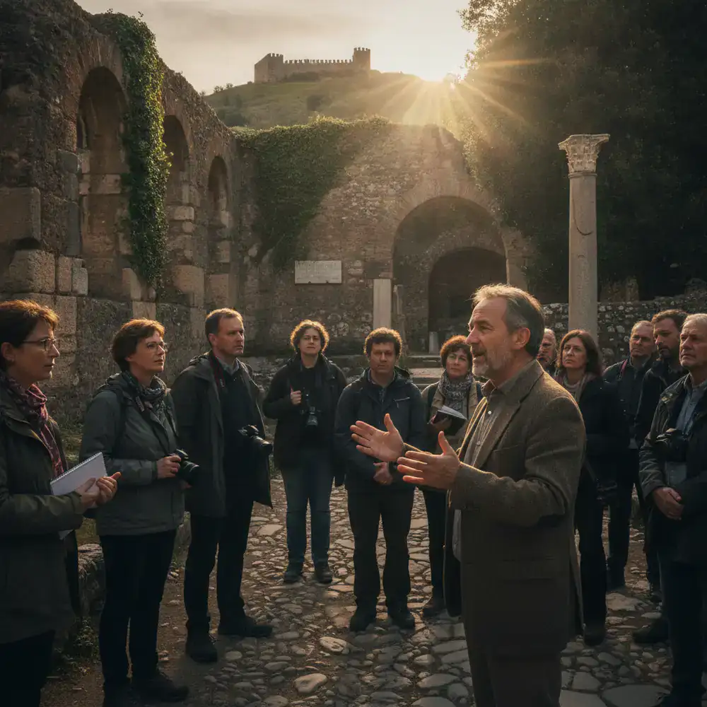 Lead historian speaking passionately to a small group of travelers