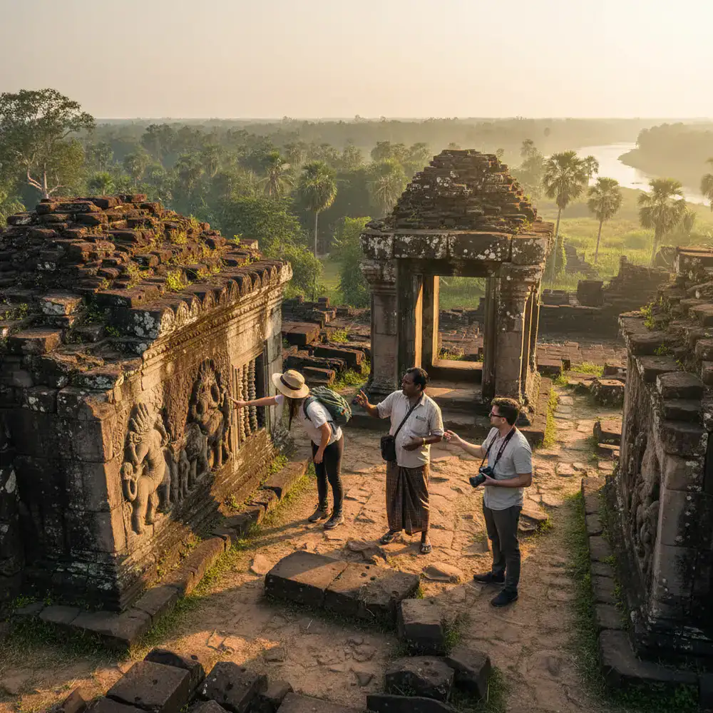 Travelers examining ancient stonework with a guide in Bangladesh