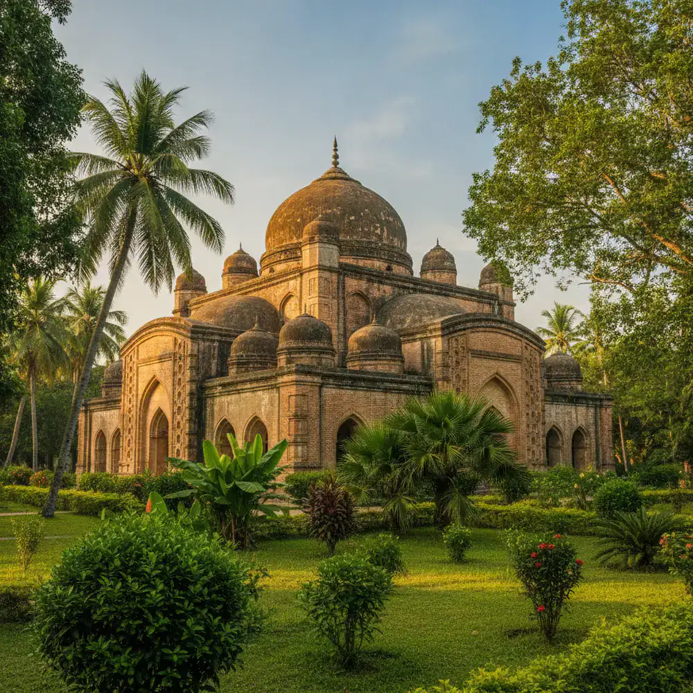The sixty dome mosque of Bagerhat surrounded by lush greenery