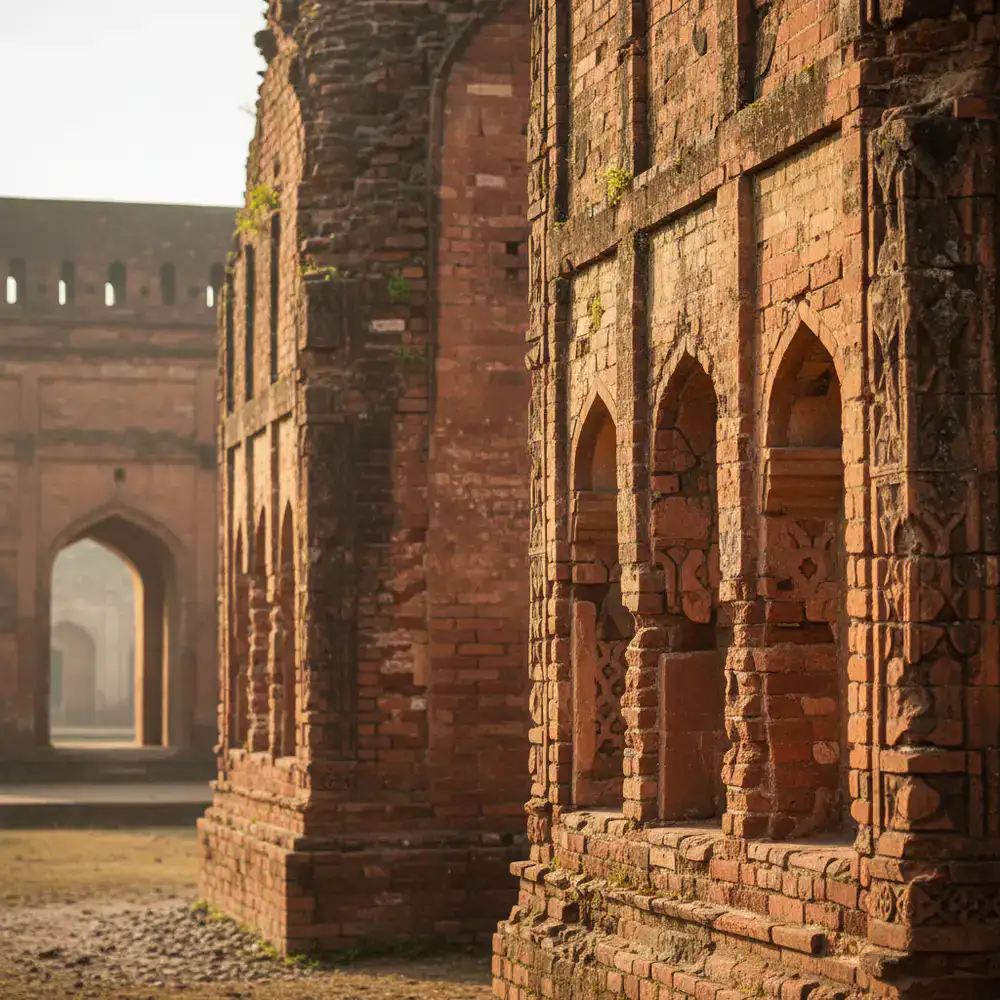 Detailed view of the terracotta walls at Lalbagh Fort